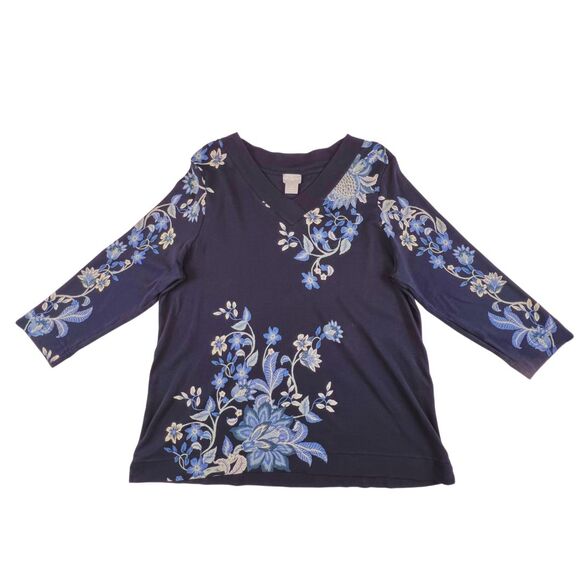 Chicos Top 2 Large Midnight Blue Artisan Floral V Neck Resort Wear Chic Blouse - Picture 5 of 9